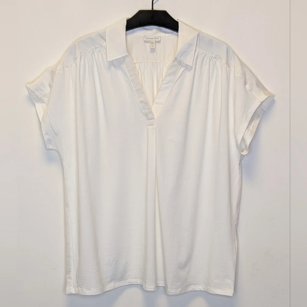 Garnet Hill Freya Silk Top Cream V-Neck Short Sleeve Blouse M - Picture 2 of 10